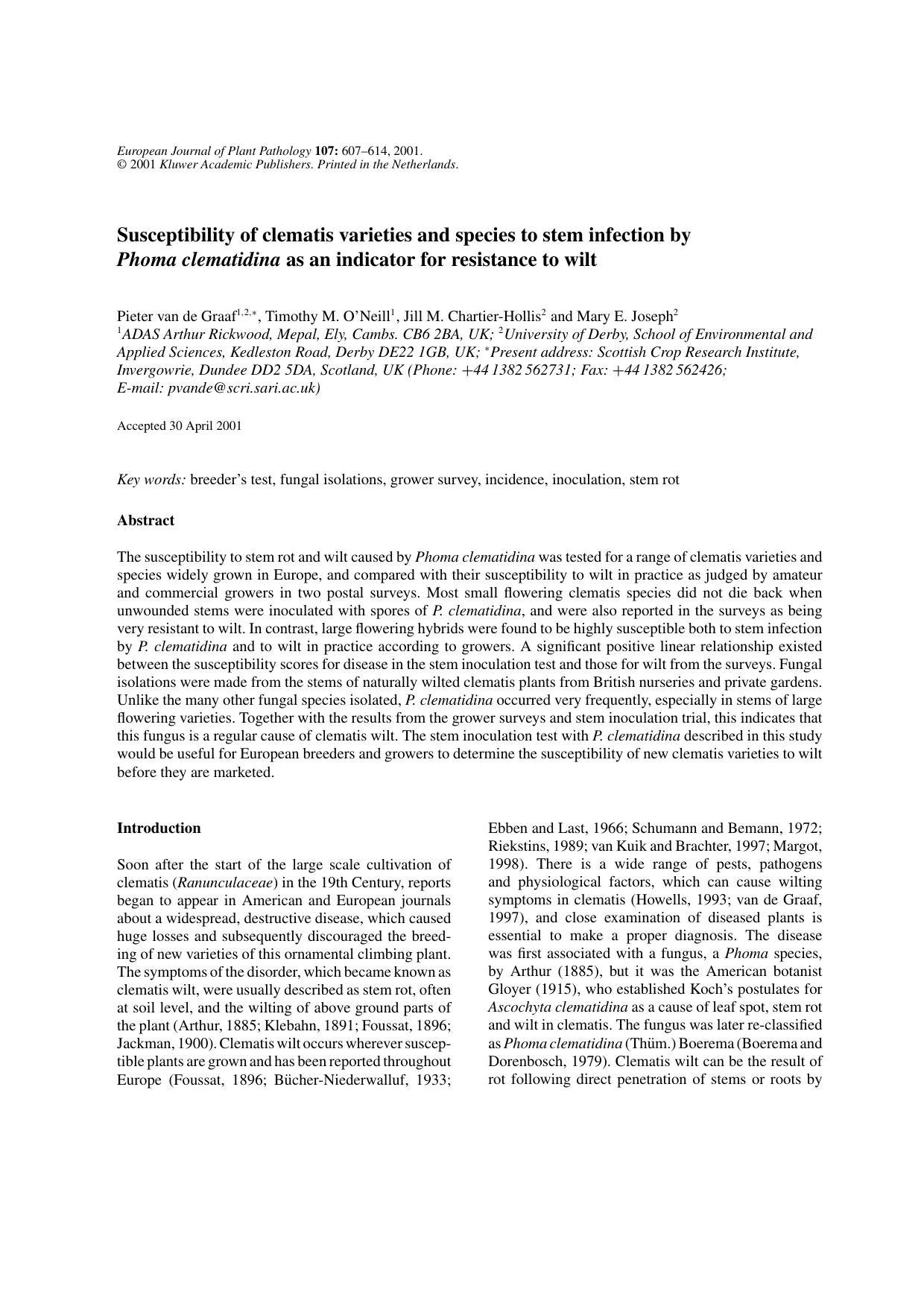 Susceptibility of Clematis Varieties and Species to Stem Infection by Phoma Clematidina as an Indicator for Resistance to Wilt by Unknown