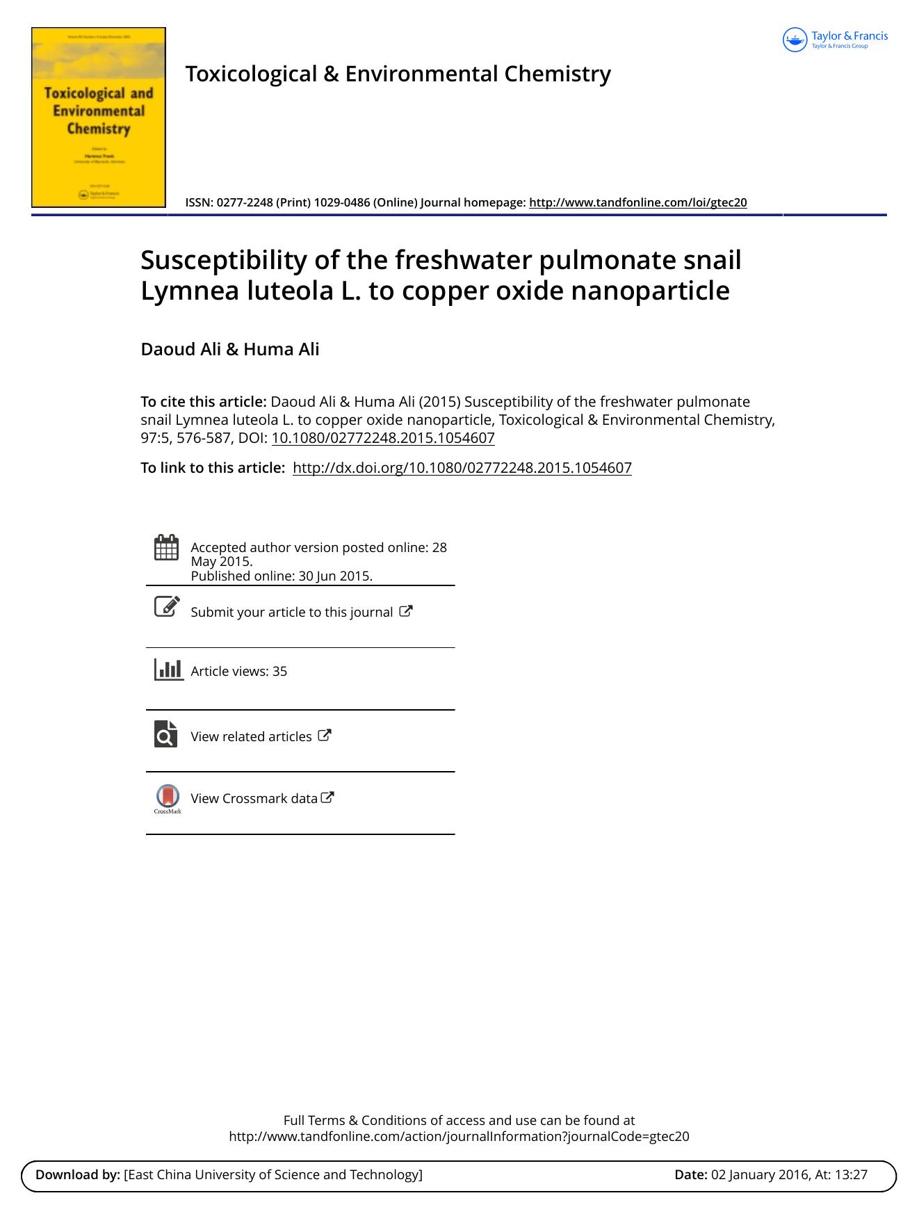 Susceptibility of the freshwater pulmonate snail Lymnea luteola L. to copper oxide nanoparticle by Daoud Ali