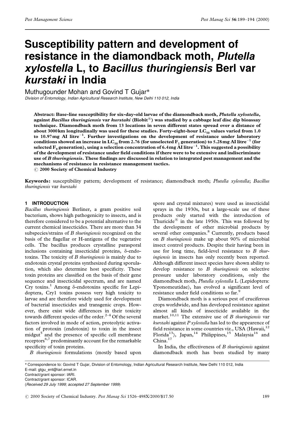 Susceptibility pattern and development of resistance in the diamondback moth, Plutella xylostella L, to Bacillus thuringiensis Berl var kurstaki in India by Unknown