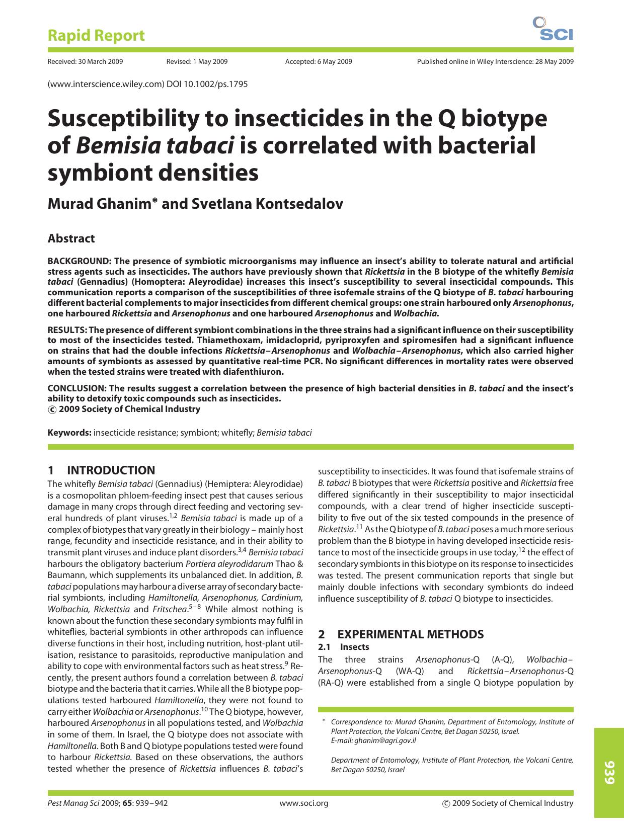 Susceptibility to insecticides in the Q biotype of Bemisia tabaci is correlated with bacterial symbiont densities by Unknown