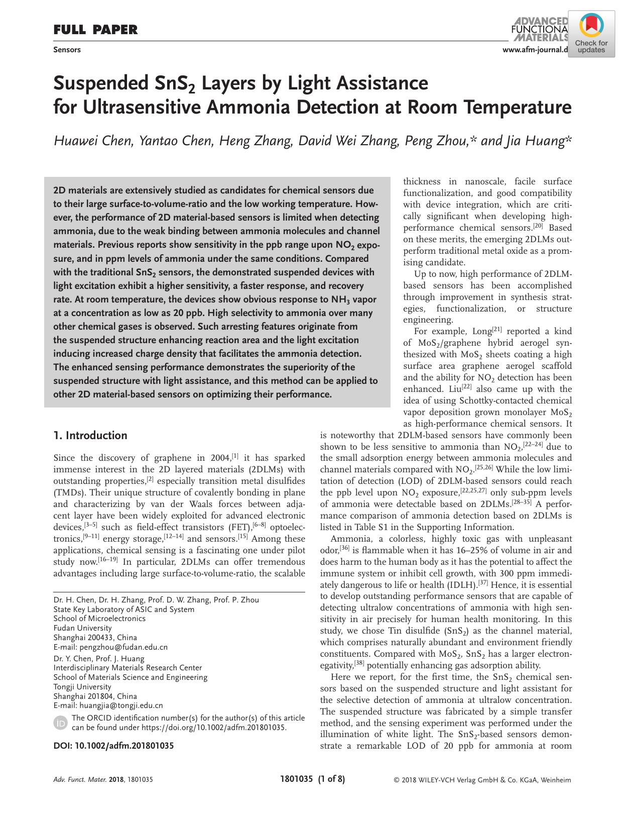 Suspended SnS2 Layers by Light Assistance for Ultrasensitive Ammonia Detection at Room Temperature by Unknown