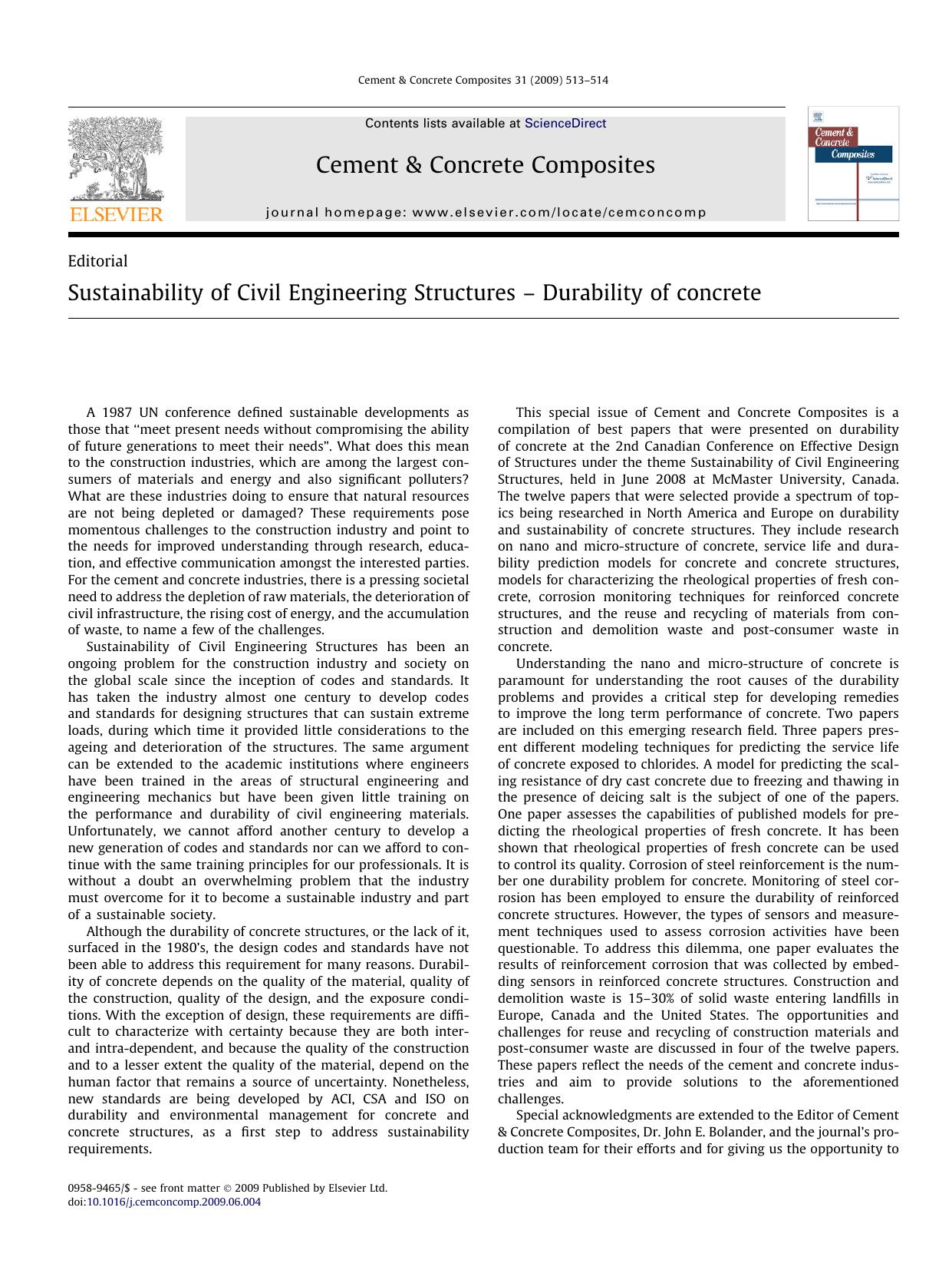 Sustainability of Civil Engineering Structures â Durability of concrete by Samir E. Chidiac