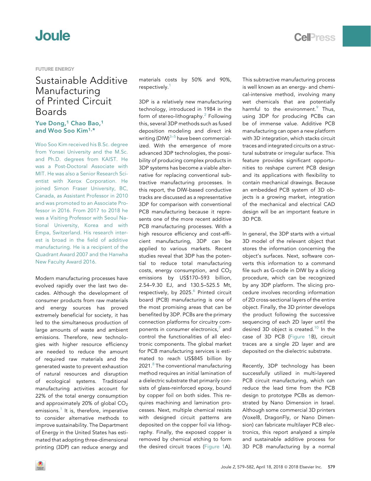 Sustainable Additive Manufacturing of Printed Circuit Boards by Yue Dong & Chao Bao & Woo Soo Kim