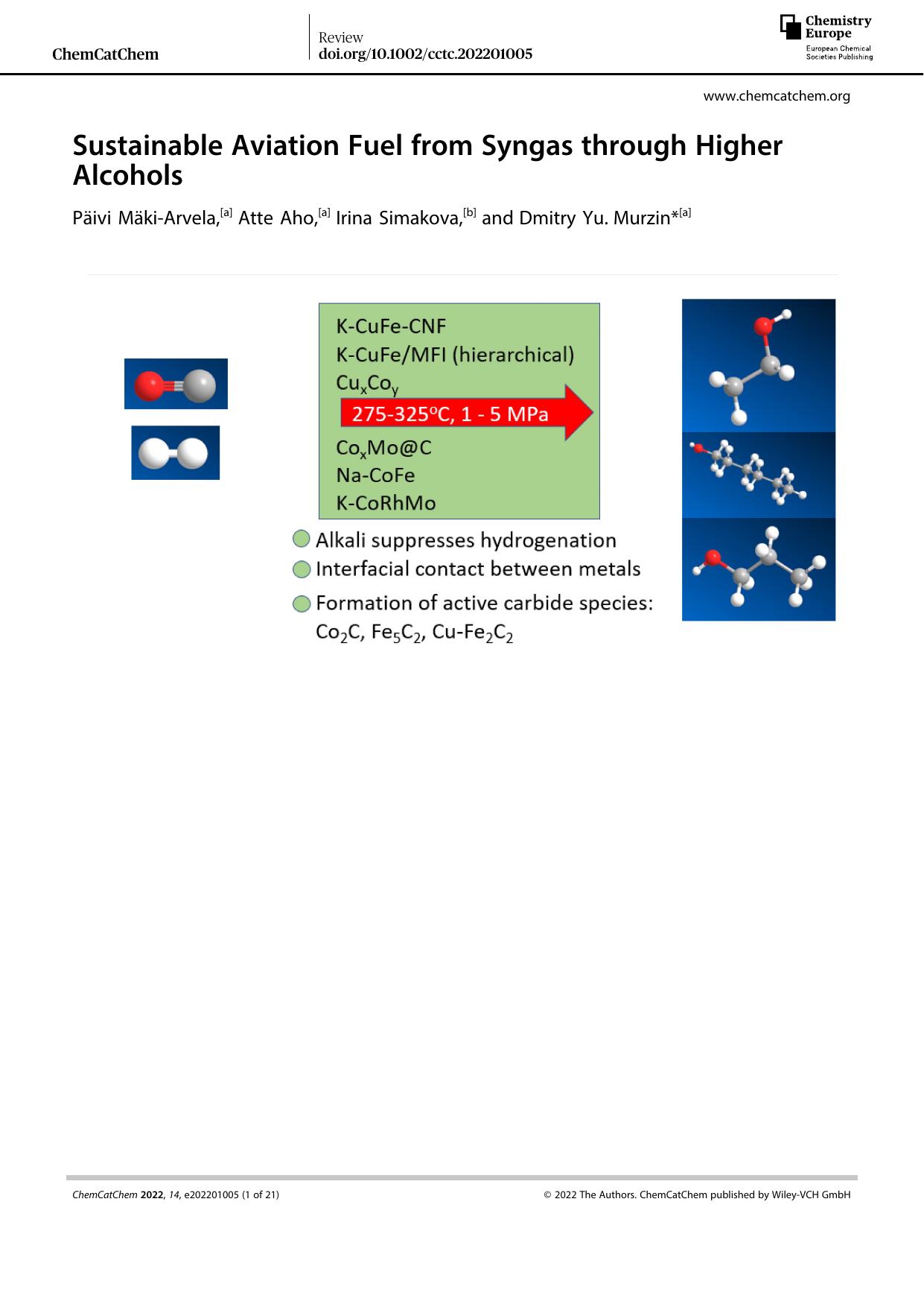 Sustainable Aviation Fuel from Syngas through Higher Alcohols by Unknown