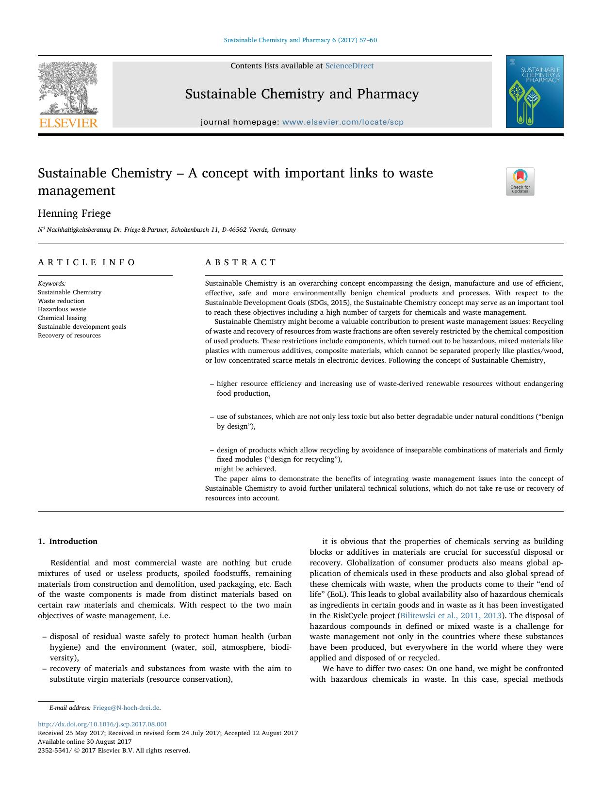 Sustainable Chemistry â A concept with important links to waste management by Henning Friege
