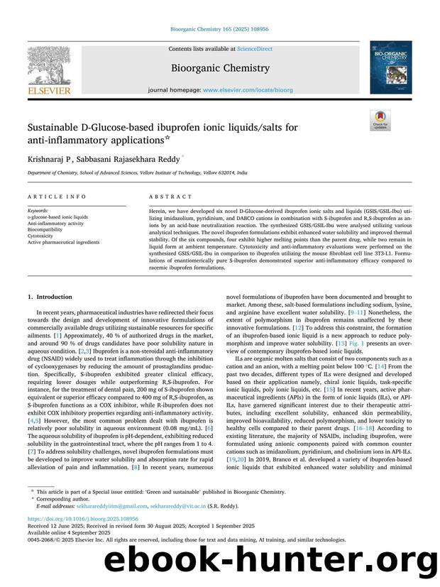 Sustainable D-Glucose-based ibuprofen ionic liquidssalts for anti-inflammatory applications by Krishnaraj P & Sabbasani Rajasekhara Reddy
