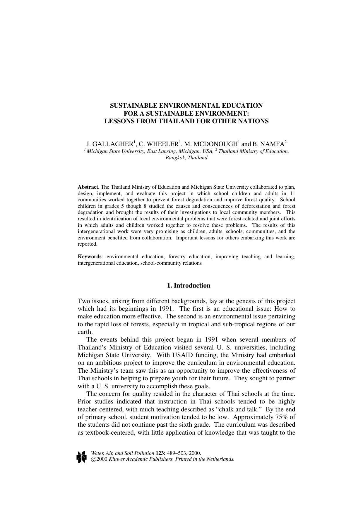 Sustainable Environmental Education for a Sustainable Environment: Lessons from Thailand for Other Nations by Unknown