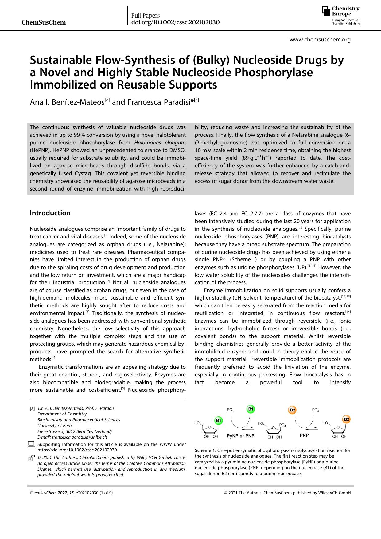 Sustainable FlowâSynthesis of (Bulky) Nucleoside Drugs by a Novel and Highly Stable Nucleoside Phosphorylase Immobilized on Reusable Supports by Unknown