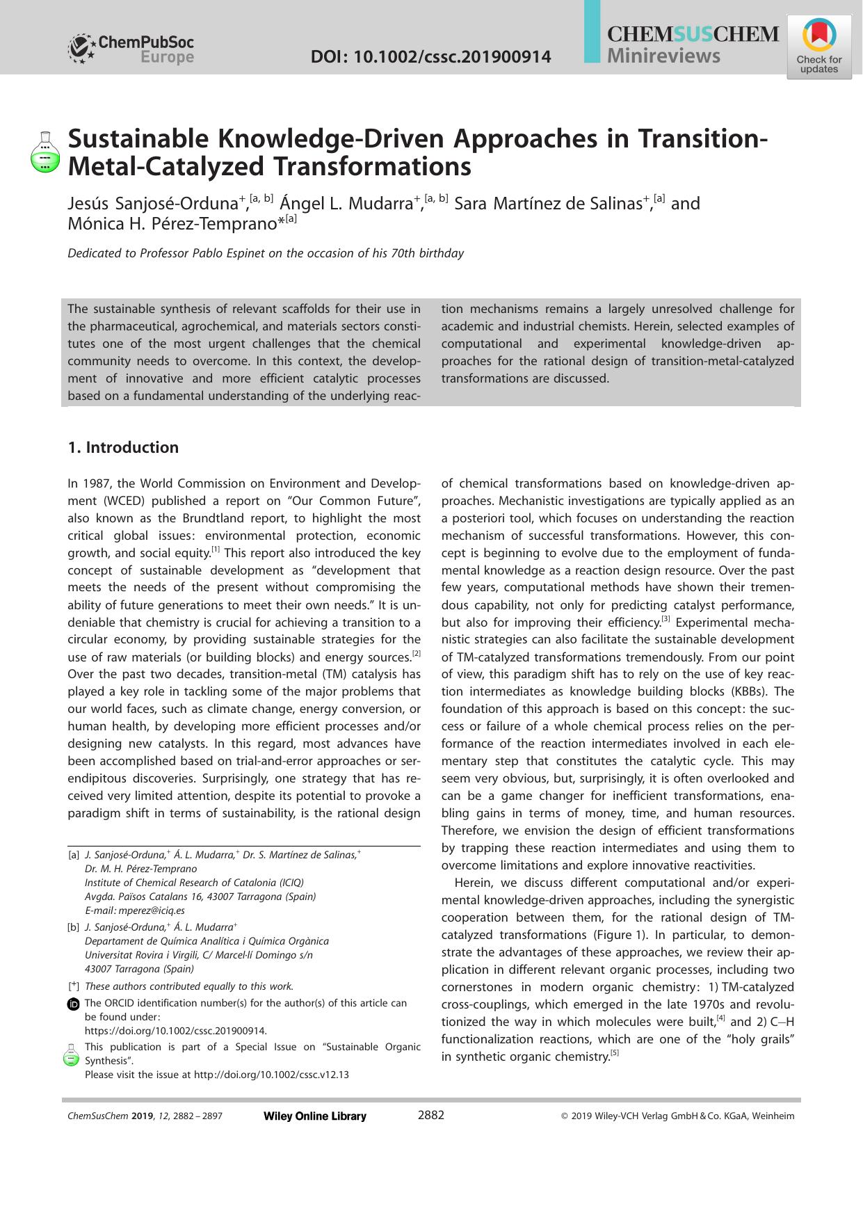 Sustainable KnowledgeâDriven Approaches in TransitionâMetalâCatalyzed Transformations by Unknown