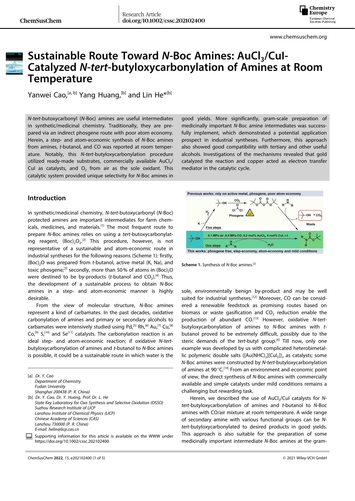 Sustainable Route Toward NâBoc Amines: AuCl3CuIâCatalyzed Nâtertâbutyloxycarbonylation of Amines at Room Temperature by Unknown