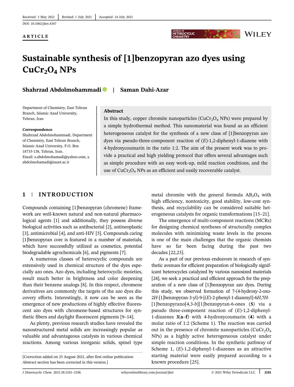 Sustainable Synthesis of [1]Benzopyran Azo Dyes Using CuCr2O4 NPs by Unknown