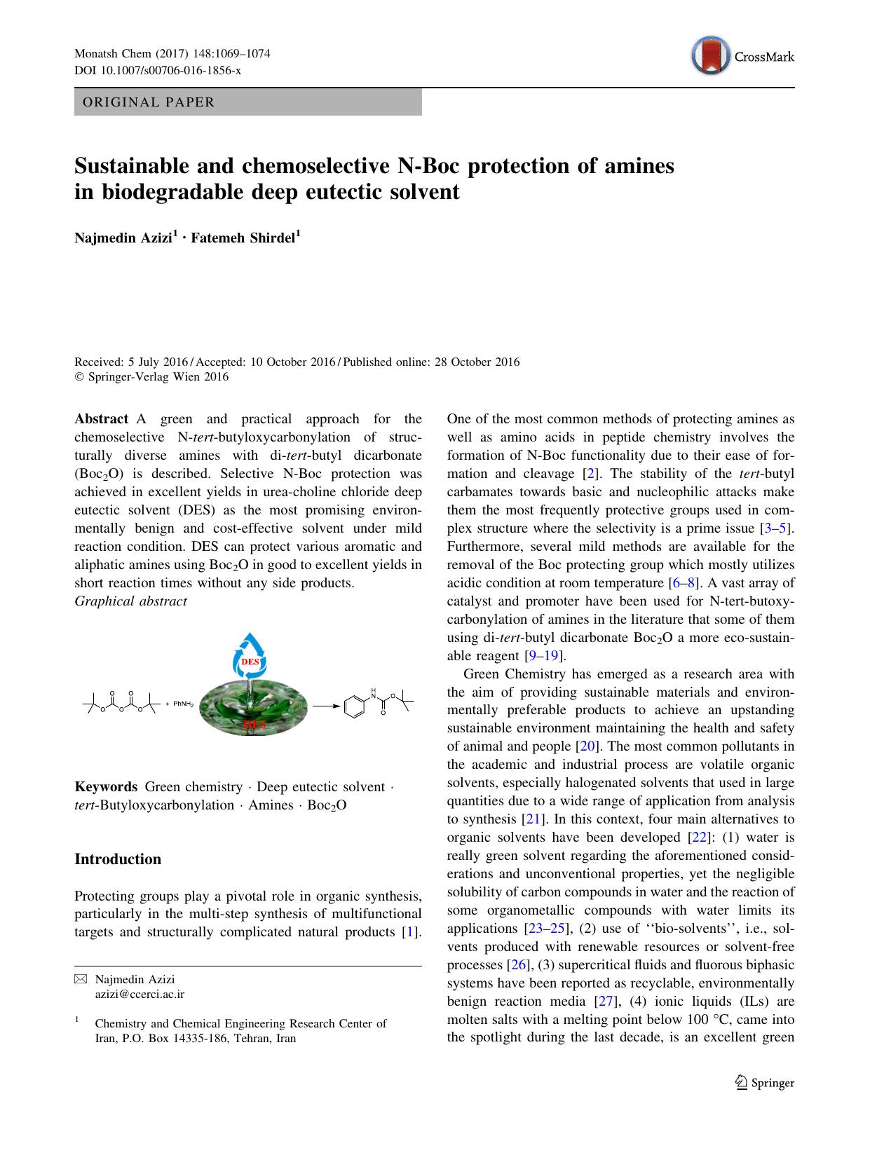 Sustainable and chemoselective N-Boc protection of amines in biodegradable deep eutectic solvent by Najmedin Azizi & Fatemeh Shirdel