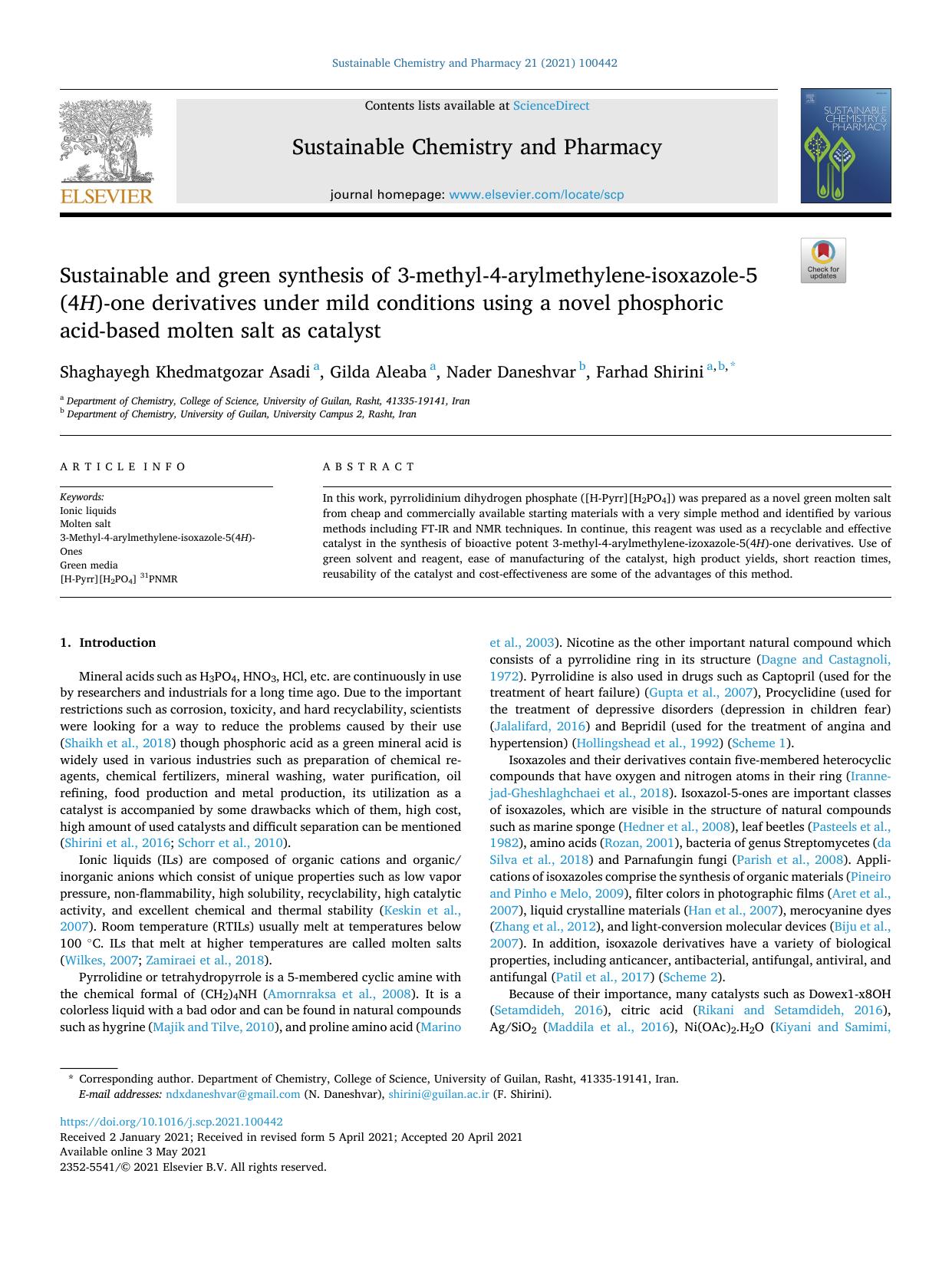 Sustainable and green synthesis of 3-methyl-4-arylmethylene-isoxazole-5(4 H )-one derivatives under mild conditions using a novel phosphoric acid-based molten salt as catalyst by Shaghayegh Khedmatgozar Asadi & Gilda Aleaba & Nader Daneshvar & Farhad Shirini