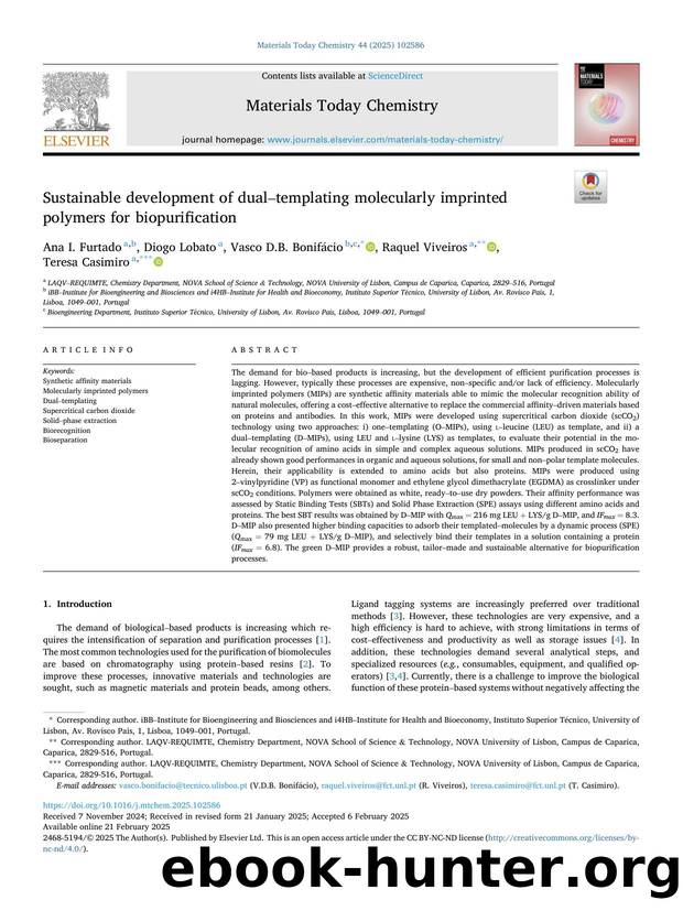 Sustainable development of dualâtemplating molecularly imprinted polymers for biopurification by Ana I. Furtado & Diogo Lobato & Vasco D.B. Bonifácio & Raquel Viveiros & Teresa Casimiro