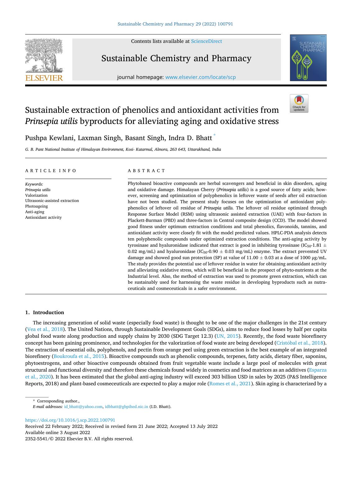 Sustainable extraction of phenolics and antioxidant activities from Prinsepia utilis byproducts for alleviating aging and oxidative stress by Pushpa Kewlani & Laxman Singh & Basant Singh & Indra D. Bhatt