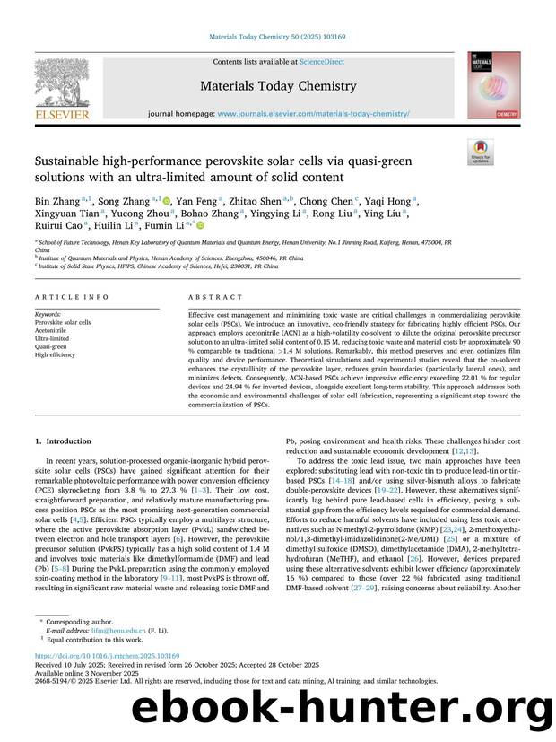 Sustainable high-performance perovskite solar cells via quasi-green solutions with an ultra-limited amount of solid content by unknow