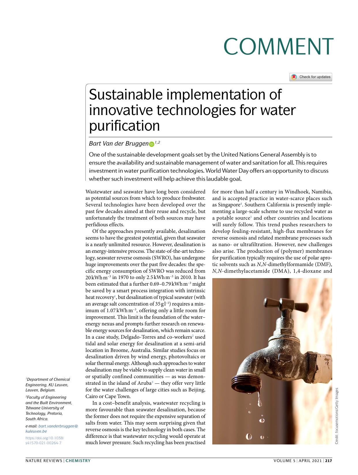 Sustainable implementation of innovative technologies for water purification by Bart Van der Bruggen