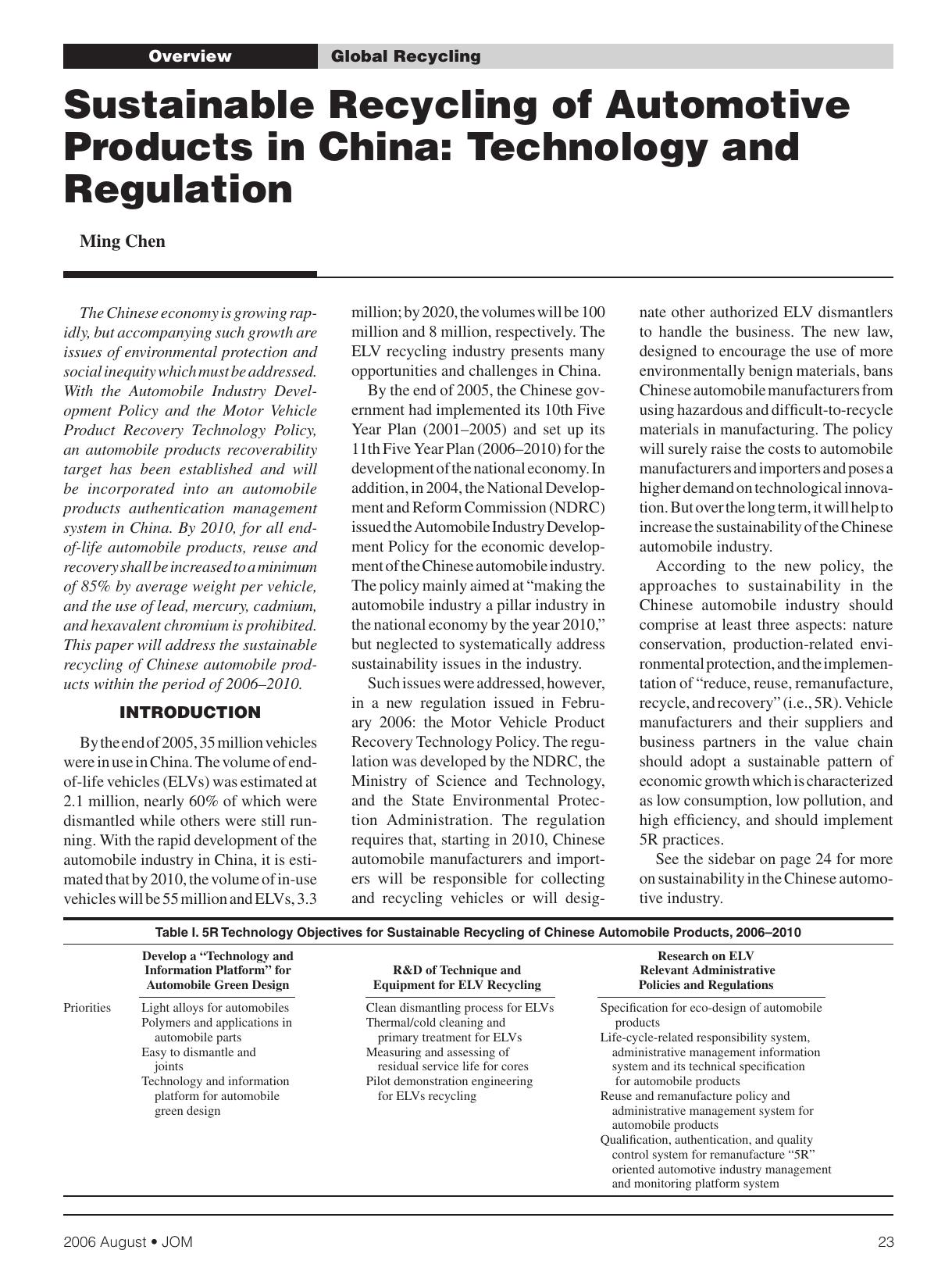 Sustainable recycling of automotive products in China: Technology and regulation by Unknown