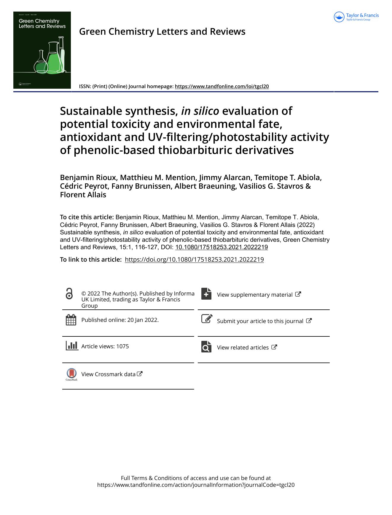 Sustainable synthesis, in silico evaluation of potential toxicity and environmental fate, antioxidant and UV-filteringphotostability activity of phenolic-based thiobarbituric derivatives by unknow