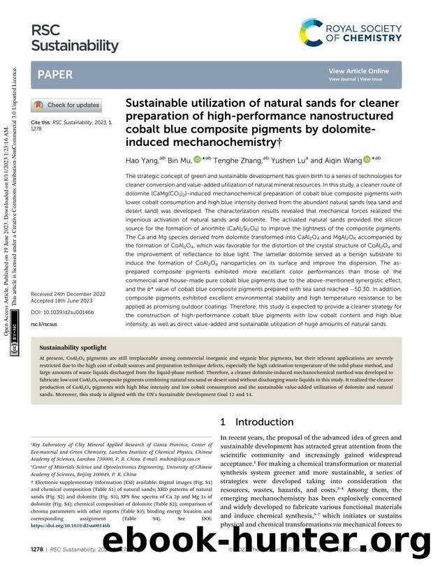 Sustainable utilization of natural sands for cleaner preparation of high-performance nanostructured cobalt blue composite pigments by dolomite-induced mechanochemistry by Hao Yang & Bin Mu & Tenghe Zhang & Yushen Lu & Aiqin Wang