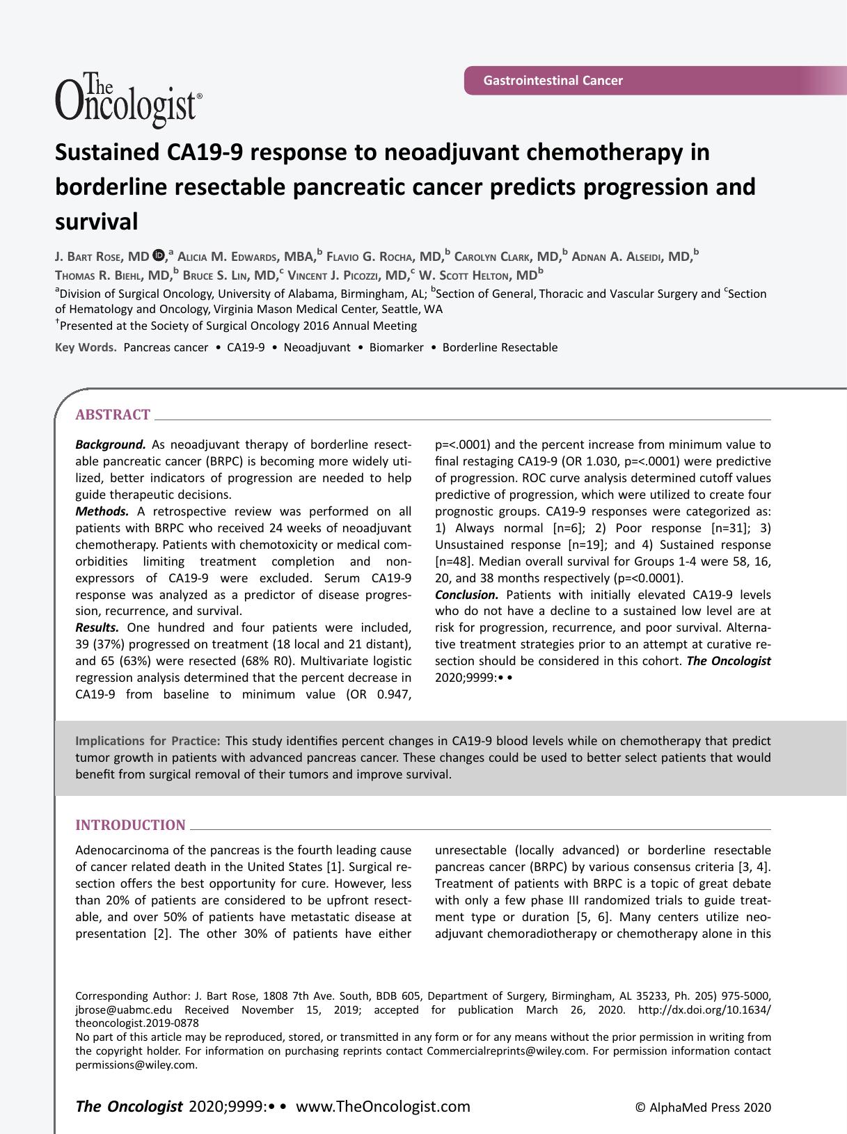 Sustained CA19-9 response to neoadjuvant chemotherapy in borderline resectable pancreatic cancer predicts progression and survival by Unknown