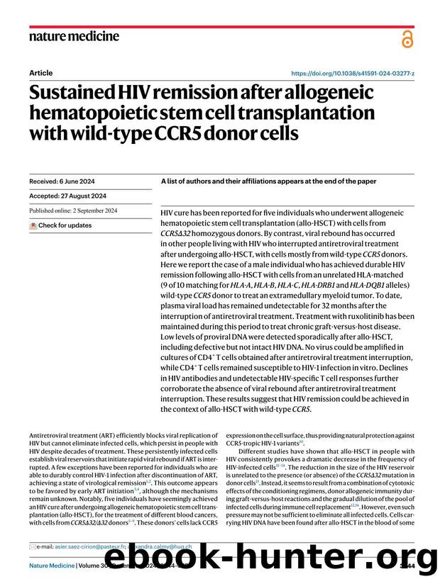 Sustained HIV remission after allogeneic hematopoietic stem cell transplantation with wild-type CCR5 donor cells by unknow