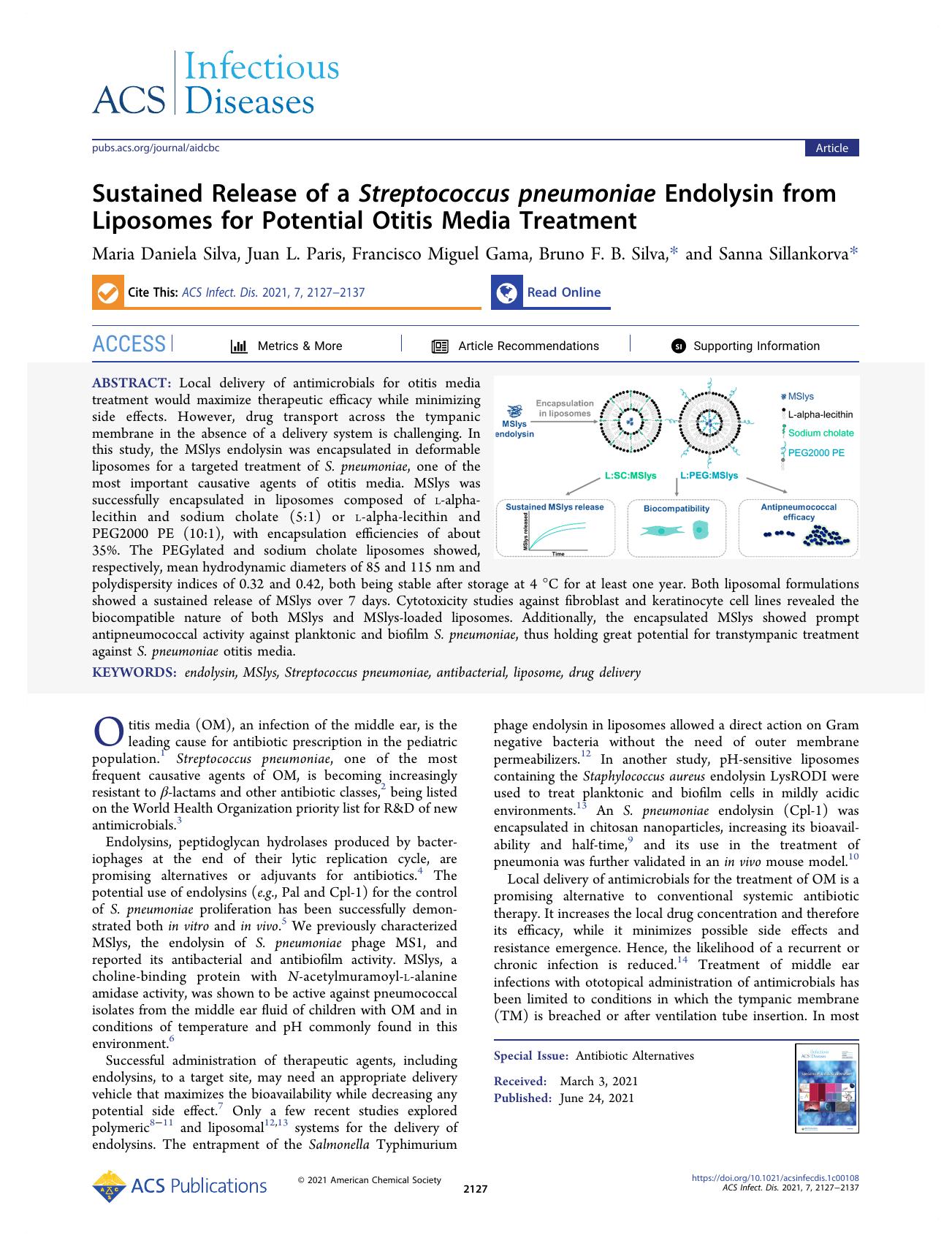Sustained Release of a Streptococcus pneumoniae Endolysin from Liposomes for Potential Otitis Media Treatment by Maria Daniela Silva Juan L. Paris Francisco Miguel Gama Bruno F. B. Silva and Sanna Sillankorva