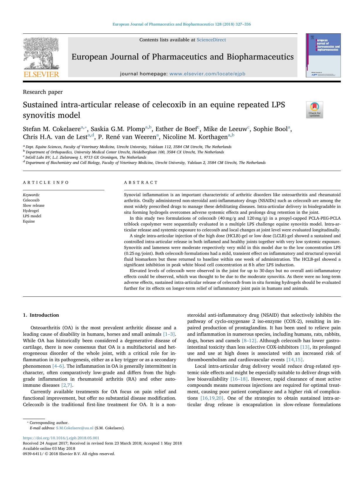 Sustained intra-articular release of celecoxib in an equine repeated LPS synovitis model by unknow