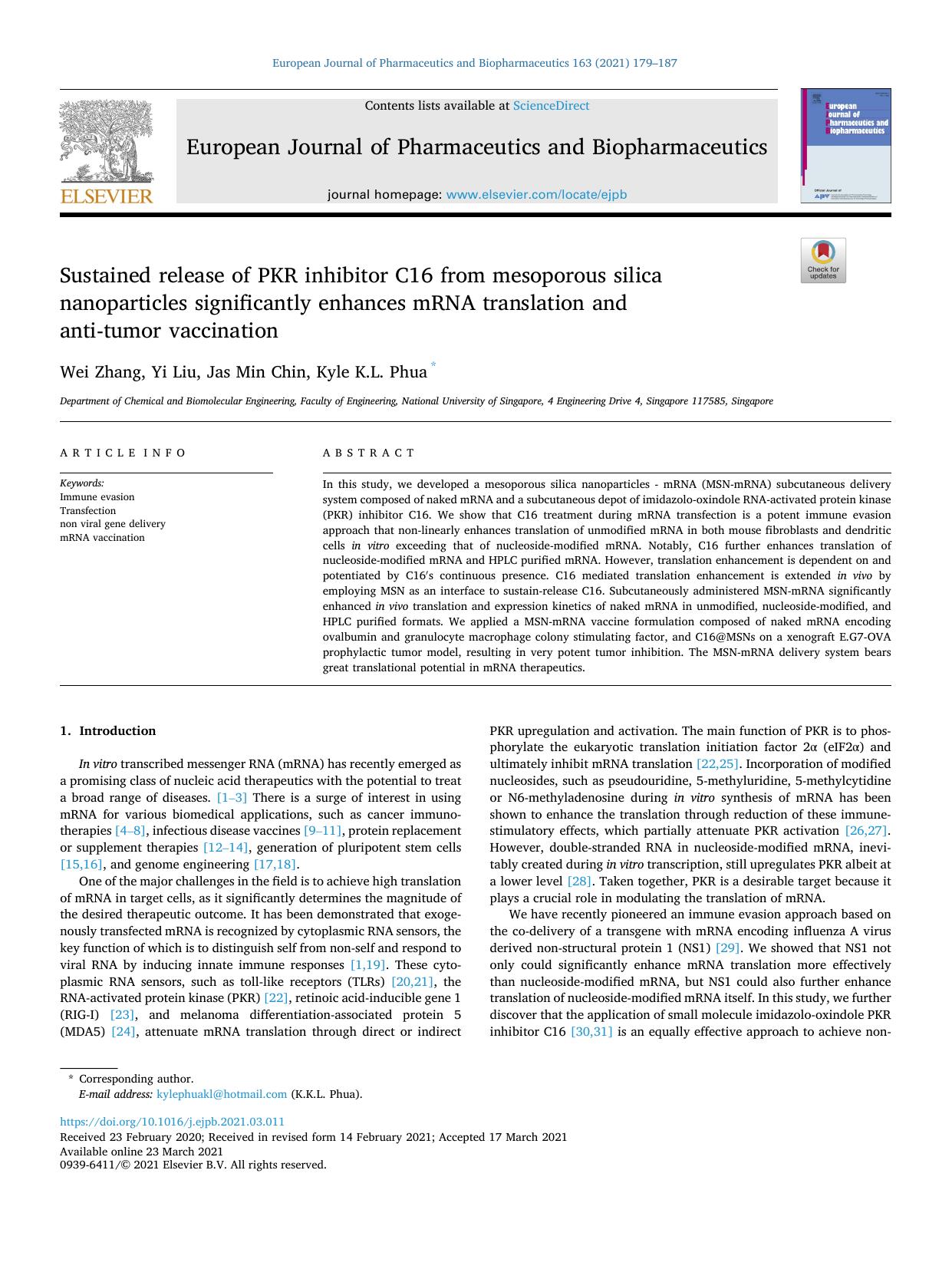 Sustained release of PKR inhibitor C16 from mesoporous silica nanoparticles significantly enhances mRNA translation and anti-tumor vaccination by Wei Zhang & Yi Liu & Jas Min Chin & Kyle K.L. Phua