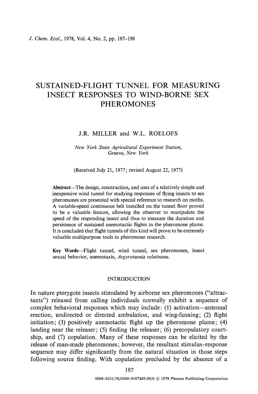 Sustained-flight tunnel for measuring insect responses to wind-borne sex pheromones by Unknown