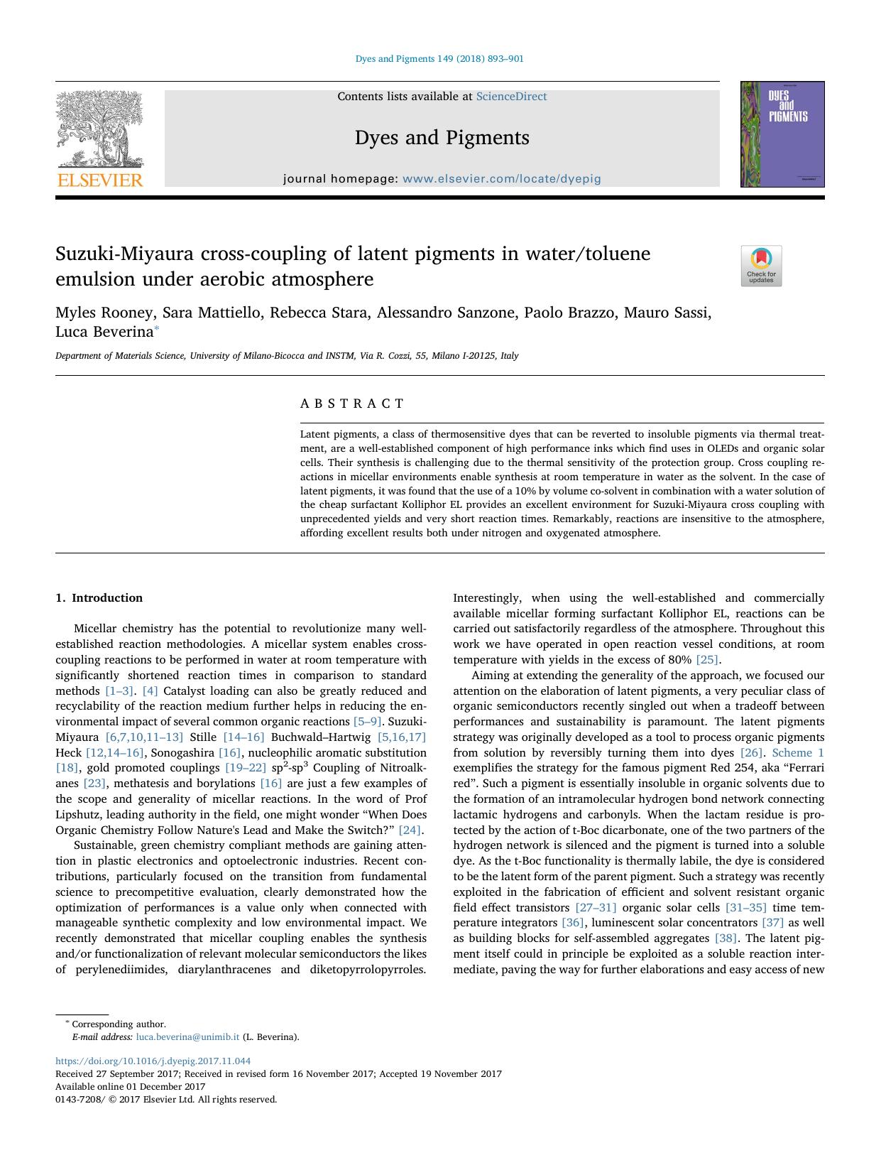 Suzuki-Miyaura cross-coupling of latent pigments in watertoluene emulsion under aerobic atmosphere by unknow