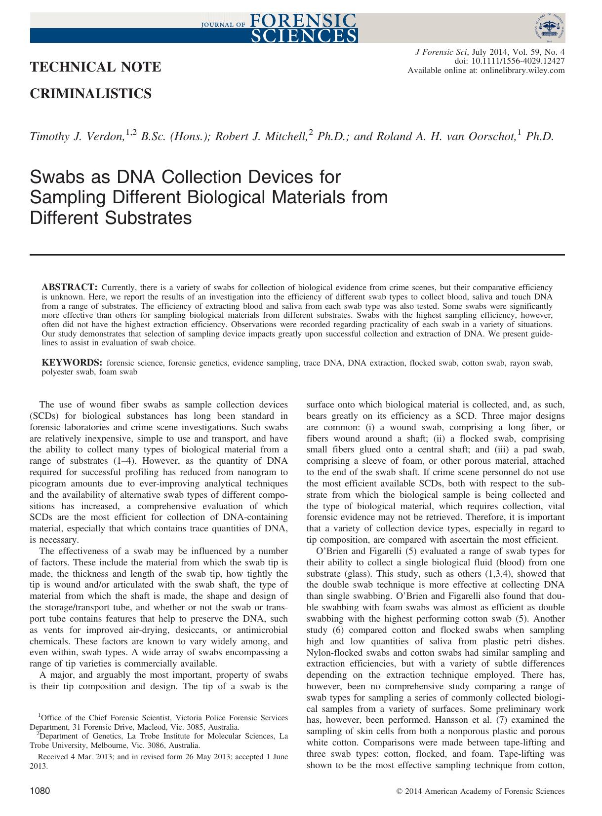 Swabs as DNA Collection Devices for Sampling Different Biological Materials from Different Substrates by Unknown