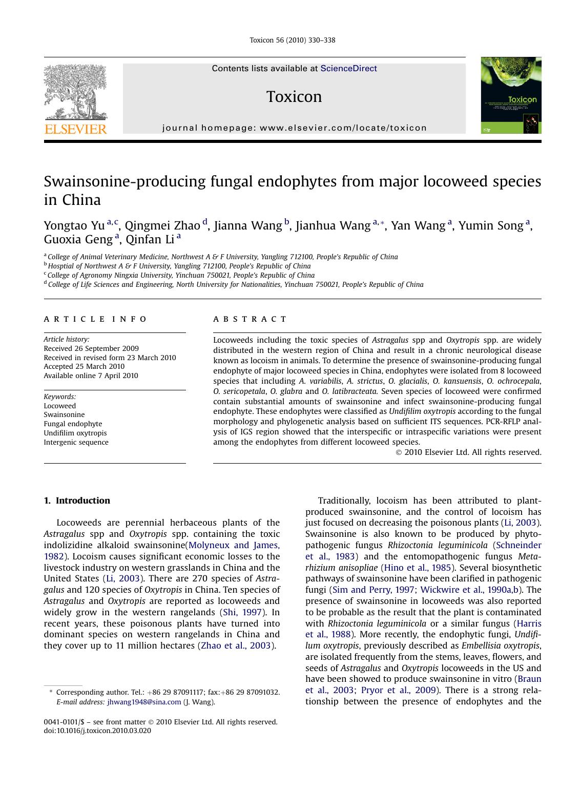 Swainsonine-producing fungal endophytes from major locoweed species in China by unknow
