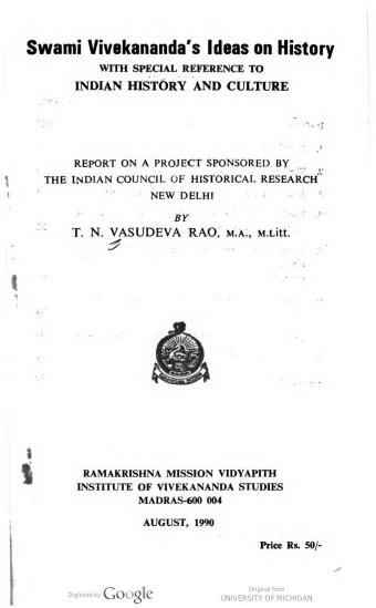 Swami Vivekananda's ideas on history : with special reference to Indian history and culture by Tangsal Narayana Vasudeva Rao