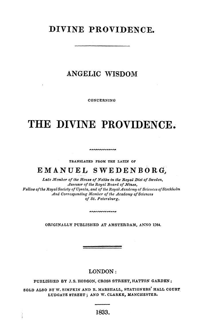 Swedenborg, Translated FROM THE Latin OF Emanuel Swedenborg - Angelic wisdom concerning the divine providence by 1833