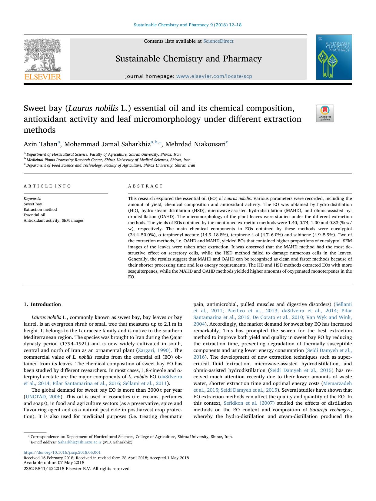 Sweet bay (Laurus nobilis L.) essential oil and its chemical composition, antioxidant activity and leaf micromorphology under different extraction methods by Azin Taban & Mohammad Jamal Saharkhiz & Mehrdad Niakousari