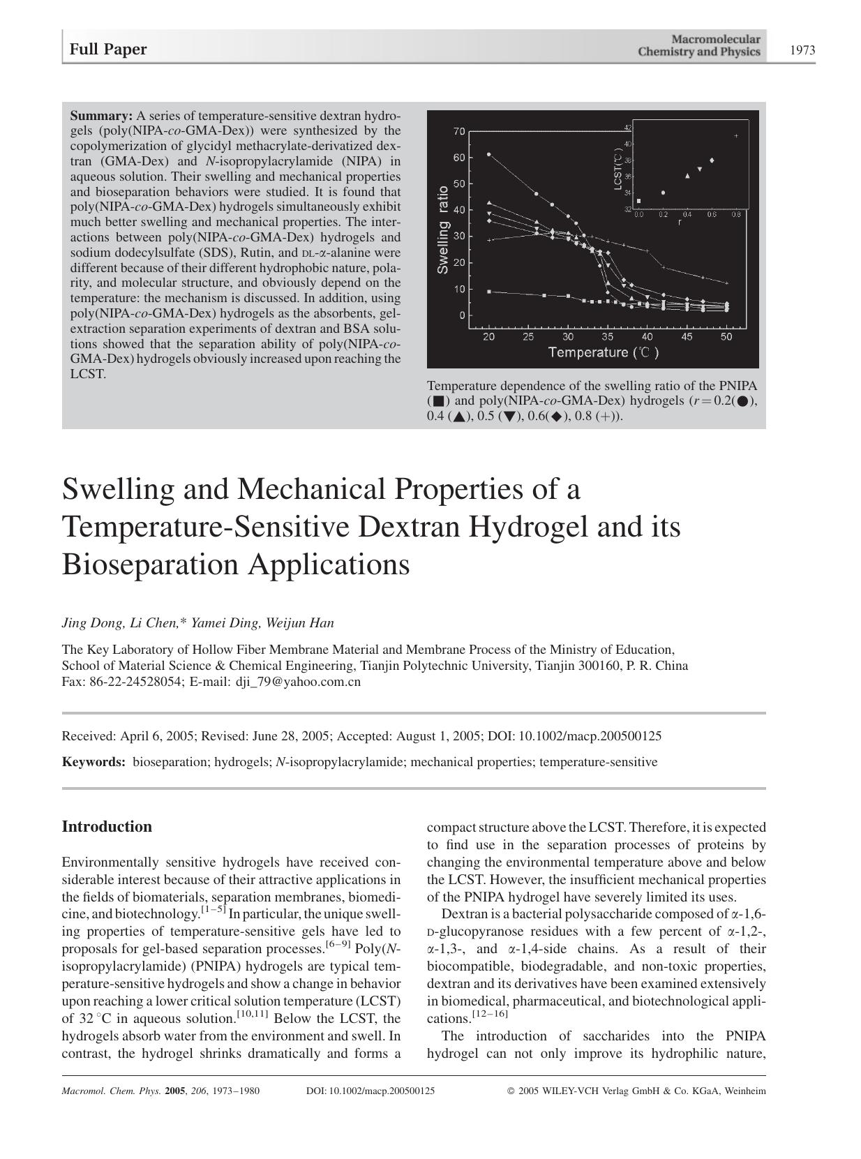 Swelling and Mechanical Properties of a Temperature-Sensitive Dextran Hydrogel and its Bioseparation Applications by unknow
