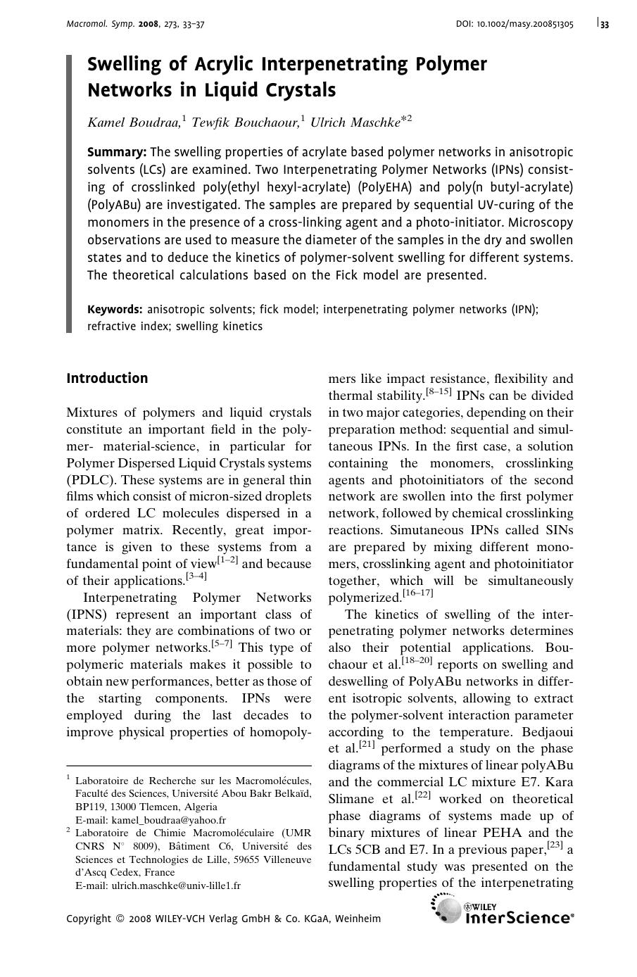 Swelling of Acrylic Interpenetrating Polymer Networks in Liquid Crystals by Unknown
