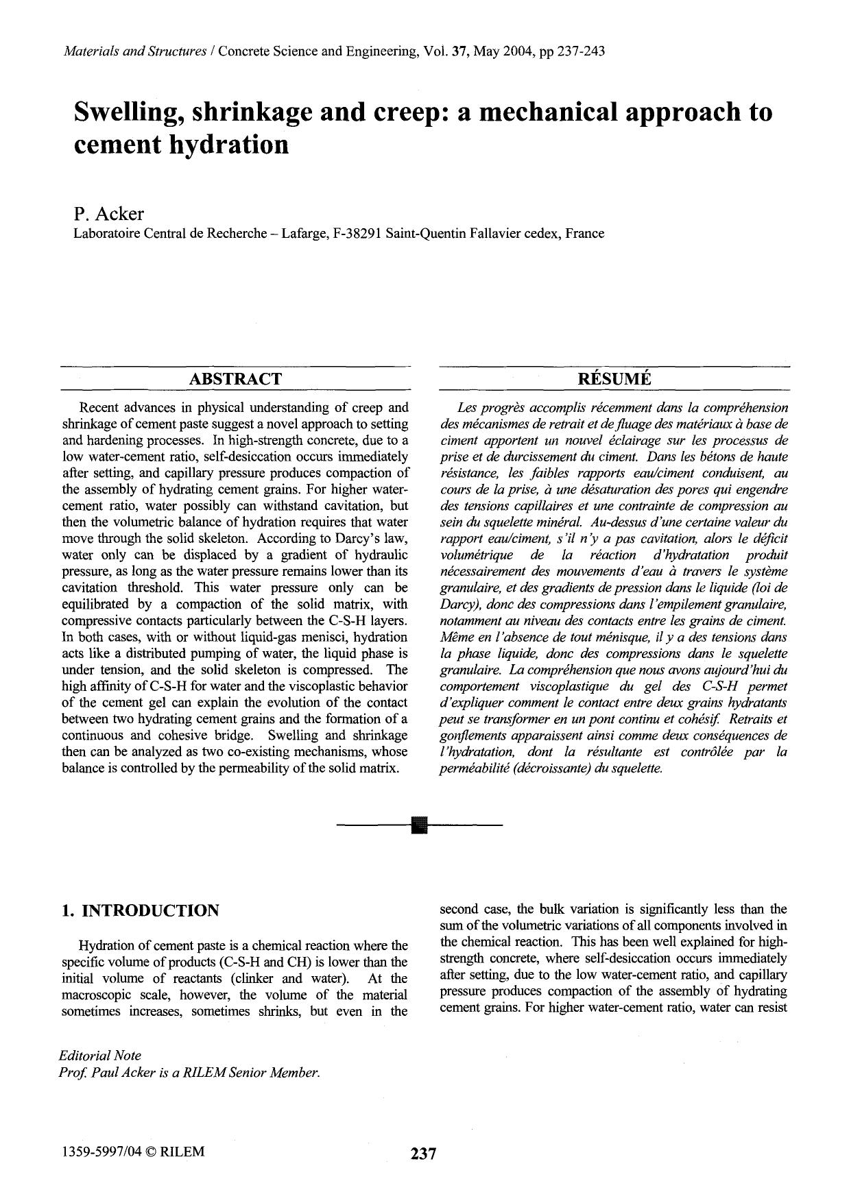 Swelling, shrinkage and creep: a mechanical approach to cement hydration by Unknown