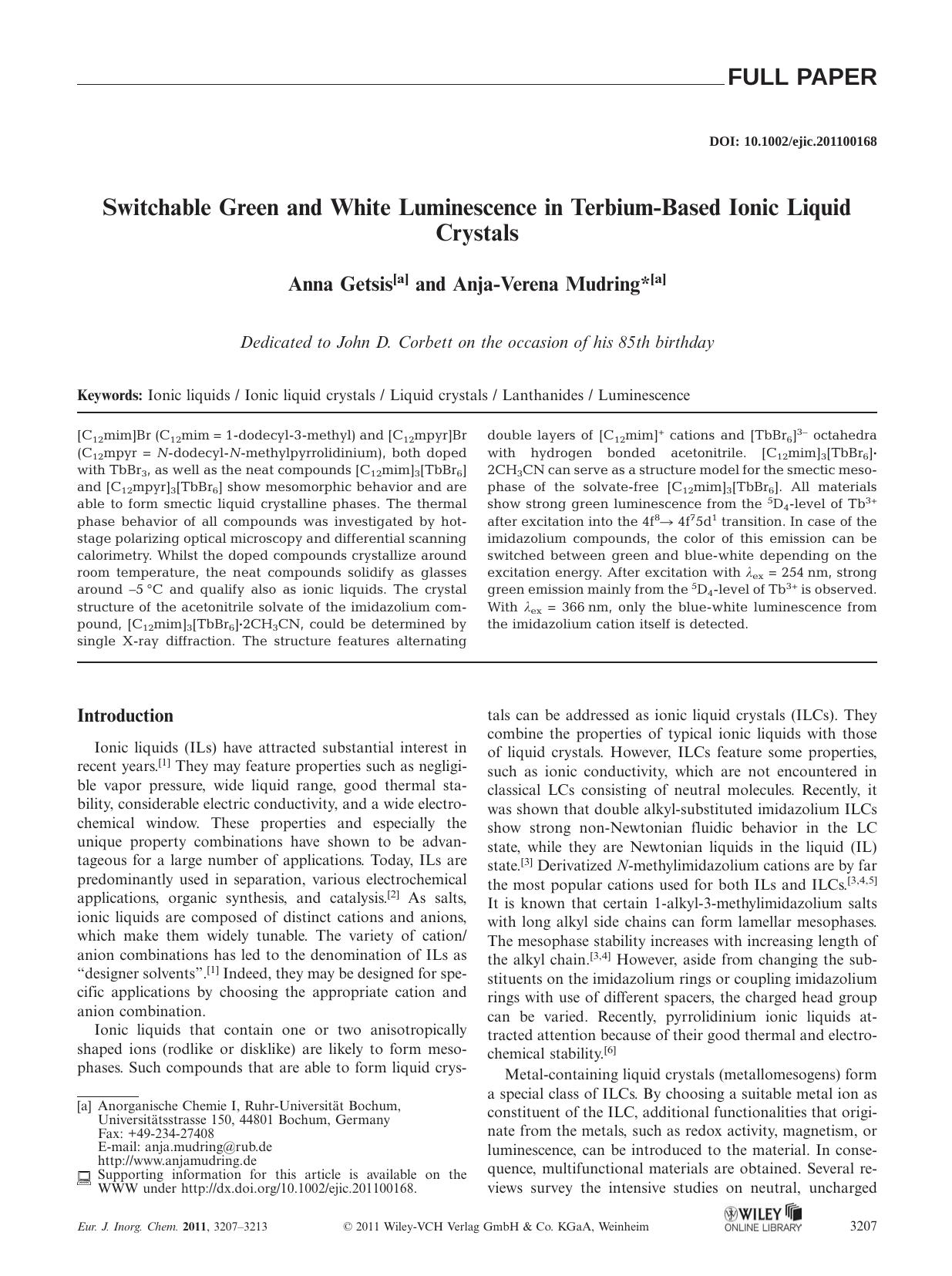 Switchable Green and White Luminescence in TerbiumBased Ionic Liquid Crystals by Unknown