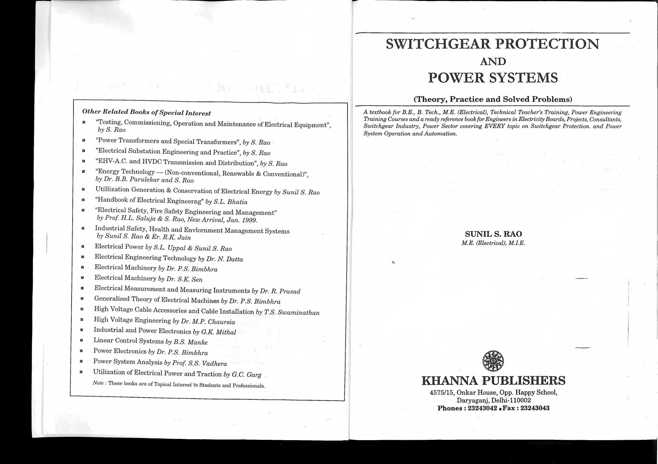 Switchgear Protection And Power Systems by Sunil S. Rao