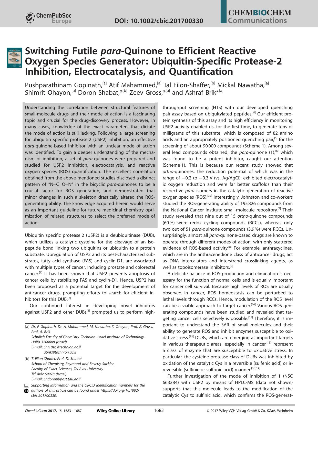 Switching Futile paraâQuinone to Efficient Reactive Oxygen Species Generator: UbiquitinâSpecific Proteaseâ2 Inhibition, Electrocatalysis, and Quantification by Unknown