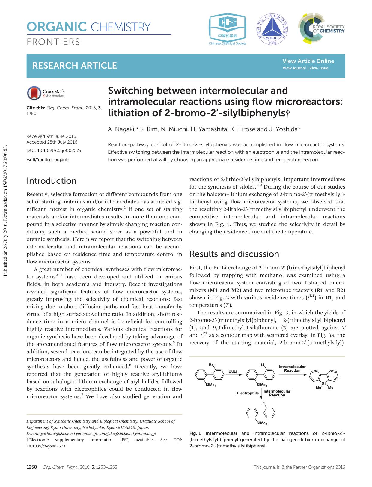 Switching between intermolecular and intramolecular reactions using flow microreactors: lithiation of 2-bromo-2â²-silylbiphenyls by A. Nagaki S. Kim N. Miuchi H. Yamashita K. Hirose J. Yoshida