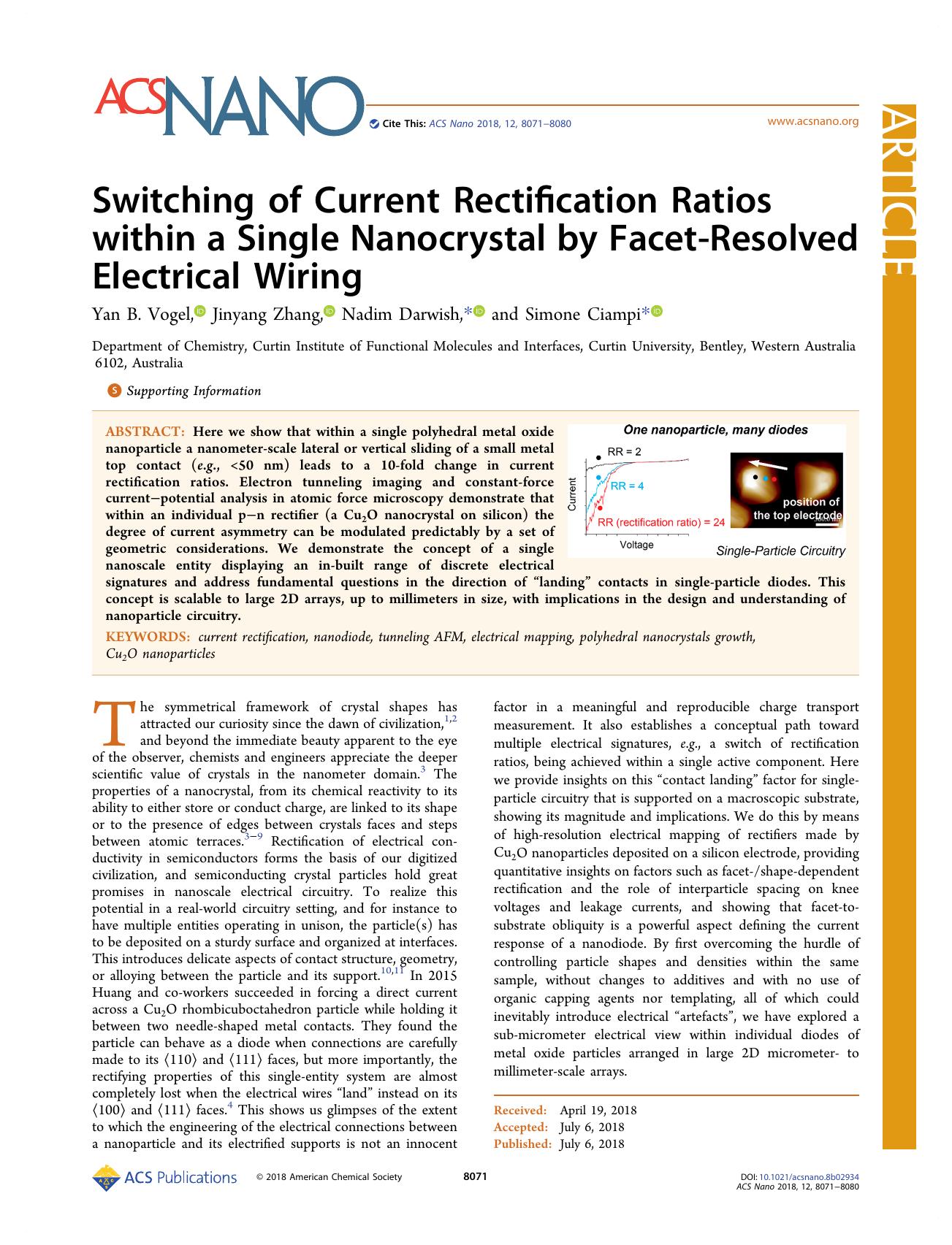Switching of Current Rectification Ratios within a Single Nanocrystal by Facet-Resolved Electrical Wiring by Yan B. Vogel Jinyang Zhang Nadim Darwish and Simone Ciampi