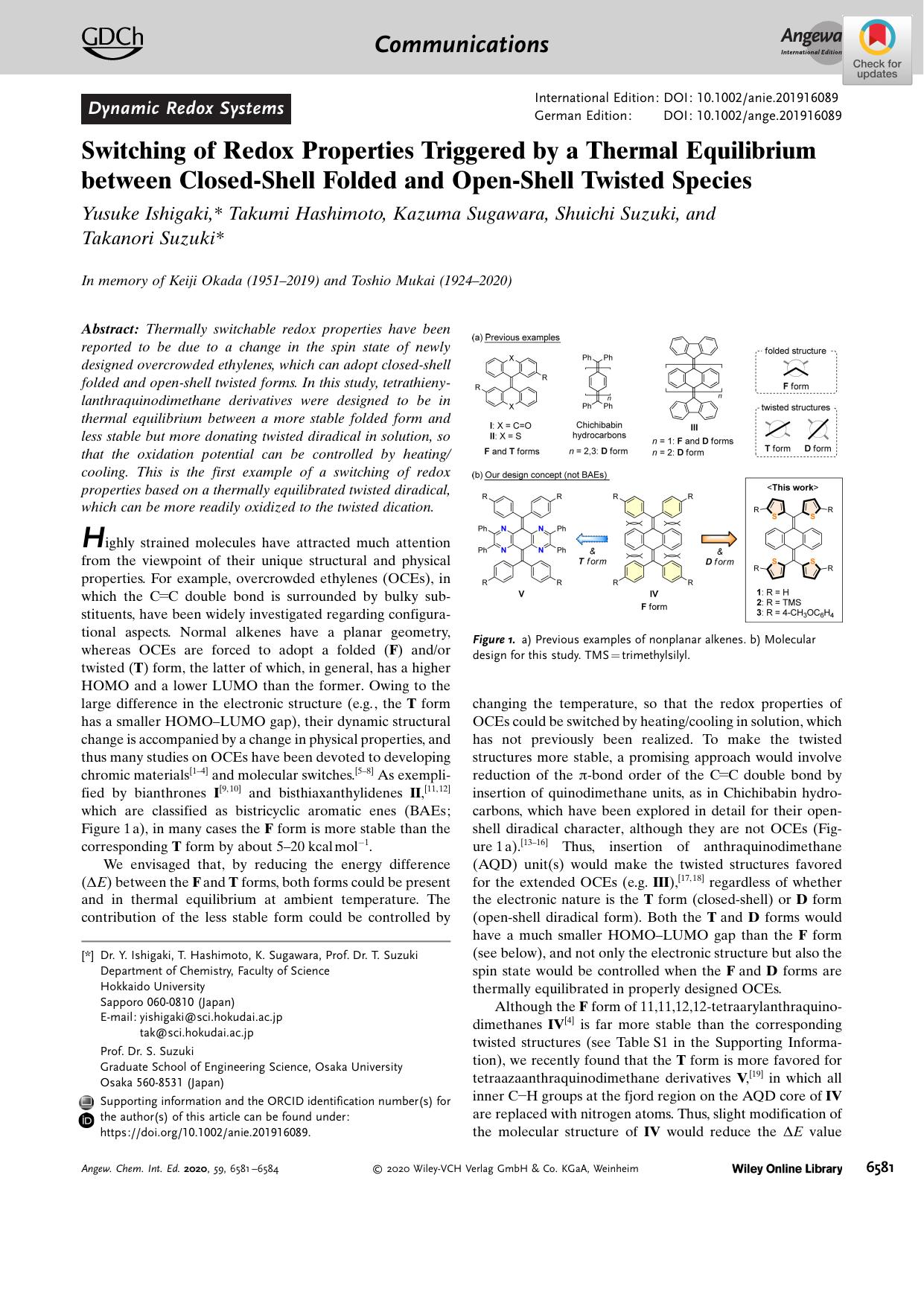 Switching of Redox Properties Triggered by a Thermal Equilibrium between ClosedâShell Folded and OpenâShell Twisted Species by Unknown