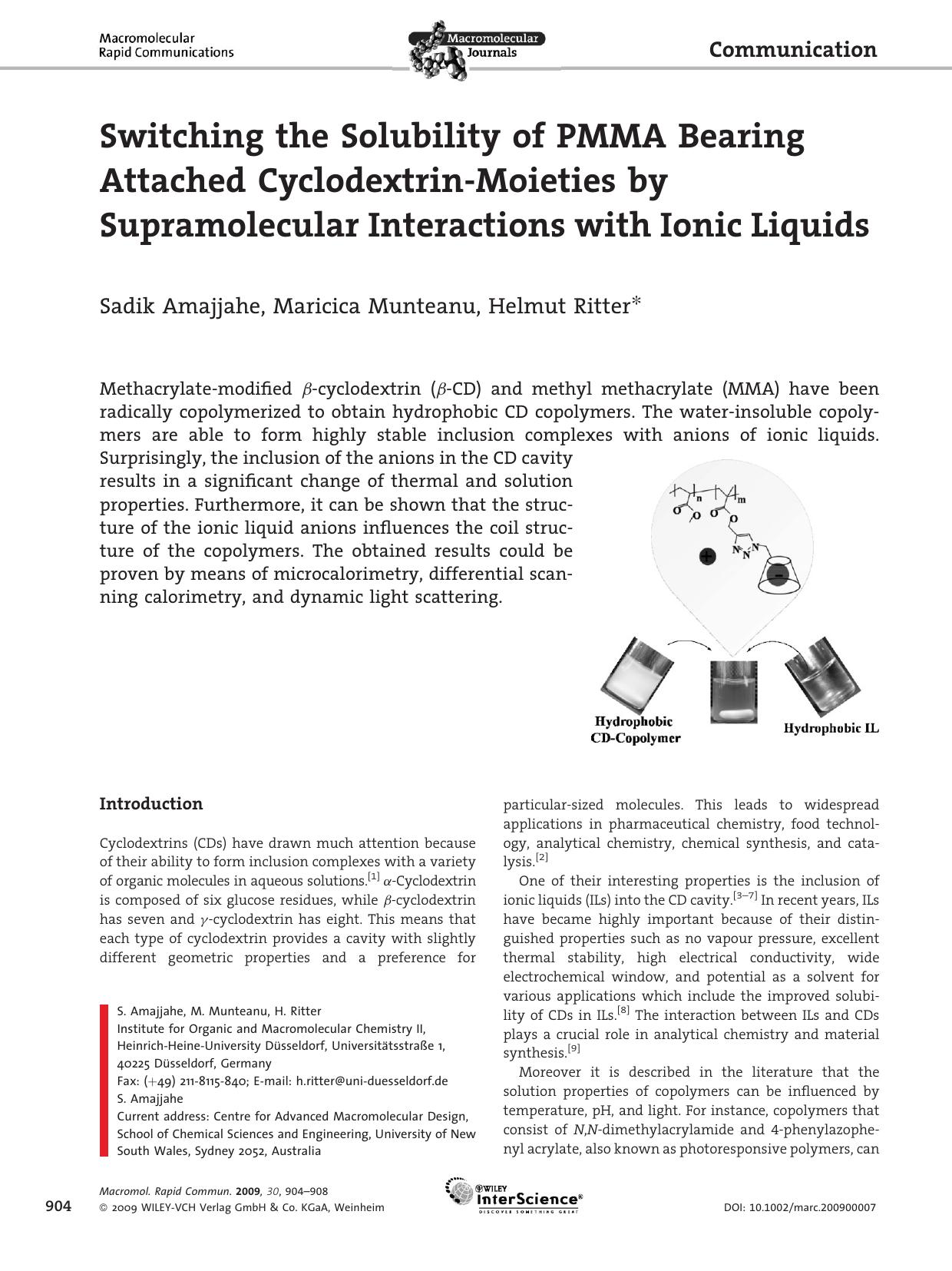 Switching the Solubility of PMMA Bearing Attached Cyclodextrin-Moieties by Supramolecular Interactions with Ionic Liquids by Unknown