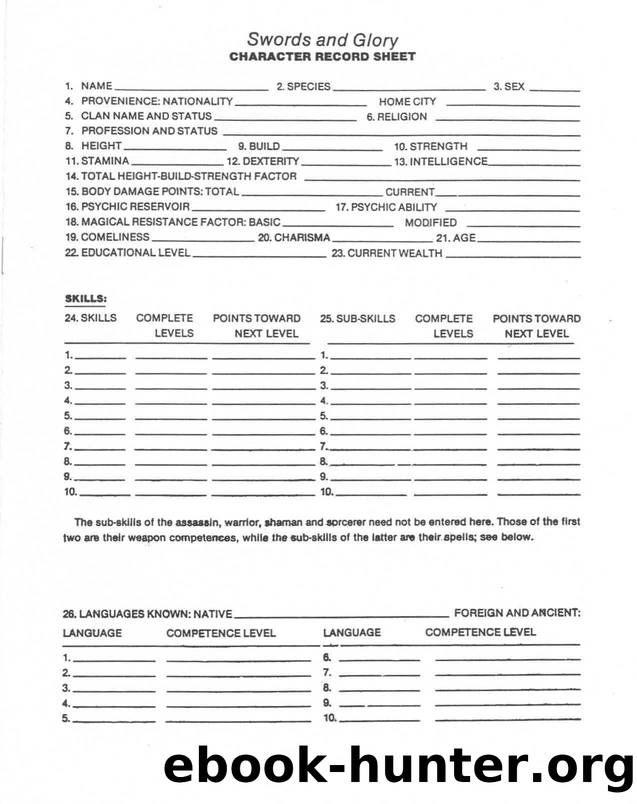 Swords & Glory Character Record Sheet by Unknown