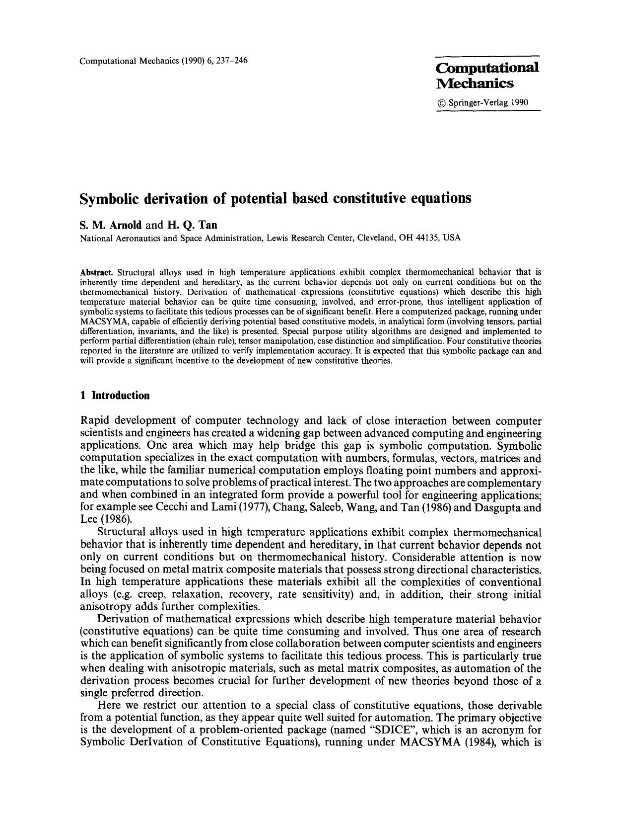 Symbolic derivation of potential based constitutive equations by Unknown