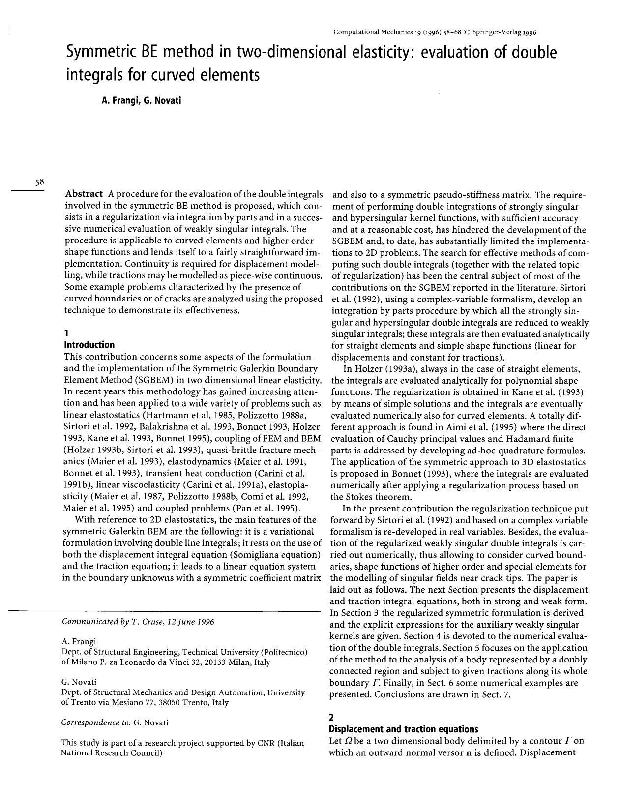 Symmetric BE method in two-dimensional elasticity: evaluation of double integrals for curved elements by Unknown