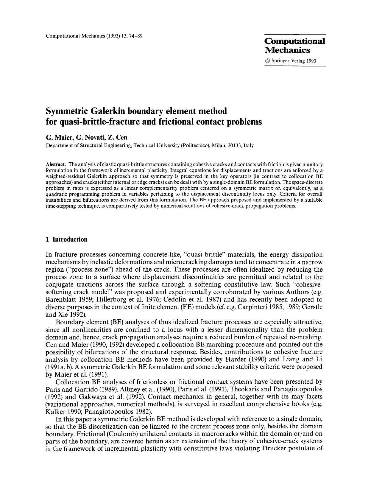 Symmetric Galerkin boundary element method for quasi-brittle-fracture and frictional contact problems by Unknown